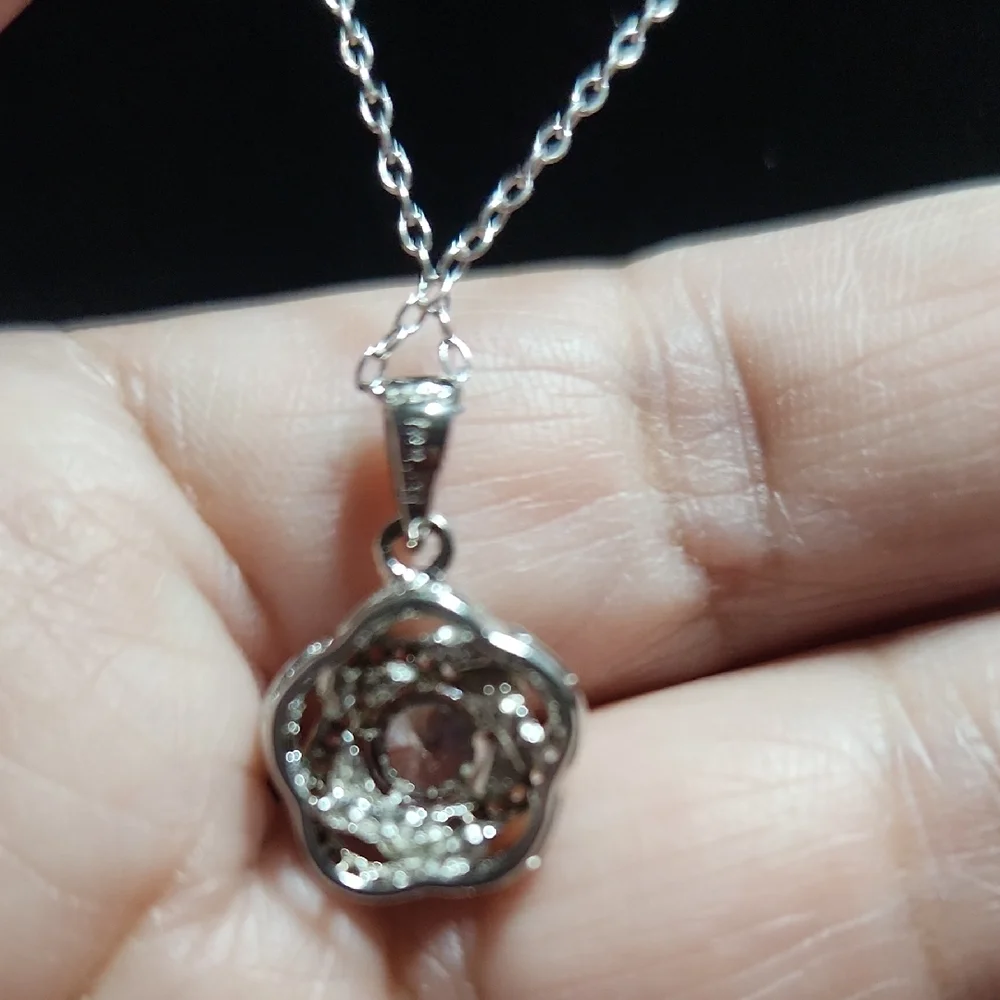 Sterling Silver Floral Pendant Necklace with Crystal Accents - Picture 6 of 7